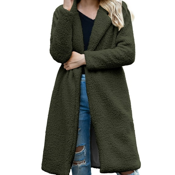 ZHOUCHANKIDS Women Warm Winter Outwear Jackets Plush Teddy Coat Fuzzy Lapel Open Front Long Cardigan Coat Army Green S