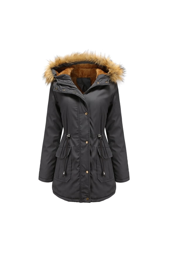 Women Winter Thicken Military Parka Jacket Warm Cotton Coat with Hood Grey L