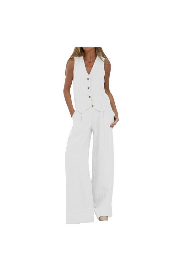Women's 2 Piece Outfits Linen Vest Waistcoat Dressy Casual Sets Wide Leg Pants Suits White L