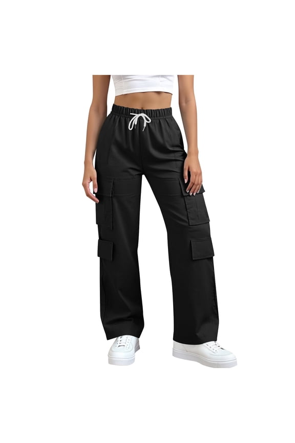 Women's Casual Cargo Pants with Pockets Drawing Stretch Waist Fashionable Casual Solid Color Straight Leg Trousers for Everyday Wear Black