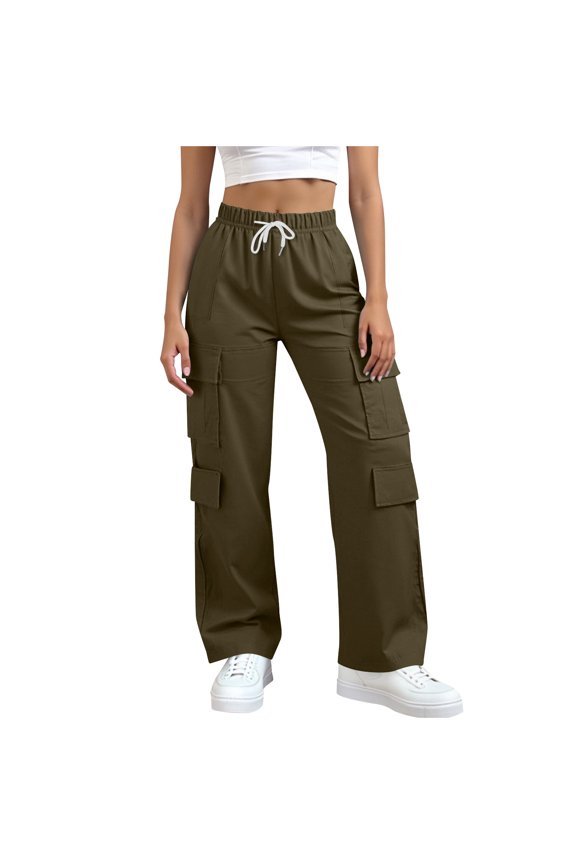 Women's Casual Cargo Pants with Pockets Drawing Stretch Waist Fashionable Casual Solid Color Straight Leg Trousers for Everyday Wear Brown