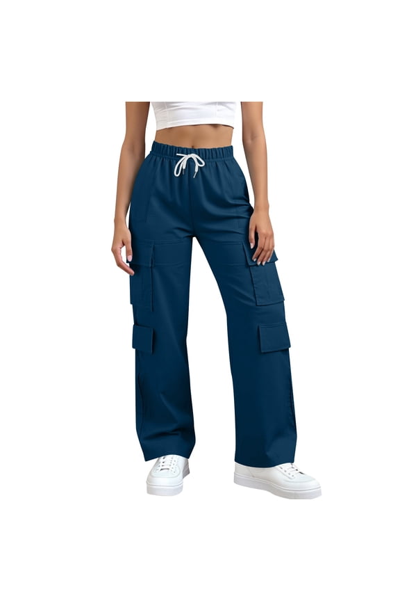 Women's Casual Cargo Pants with Pockets Drawing Stretch Waist Fashionable Casual Solid Color Straight Leg Trousers for Everyday Wear Dark Blue