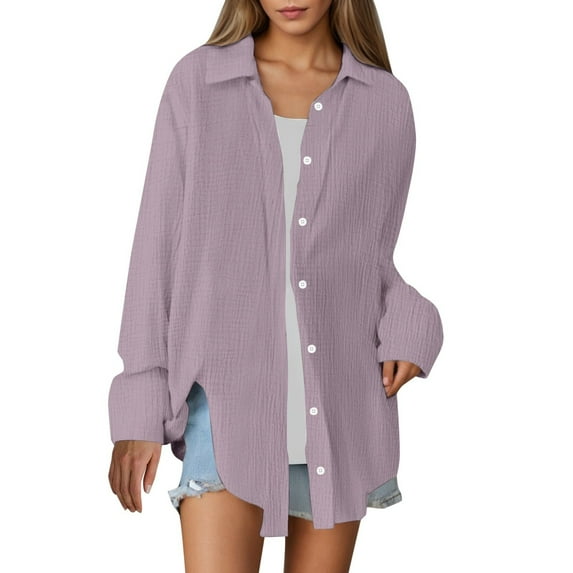 ZHOUCHANKIDS Women's Casual Oversized Solid Color Button Down Shirt Long SleeveIrregular Hem Blouse Tops Breathable Lightweight Blouse Relaxed Fit Collared Top with Pocket Light Purple S