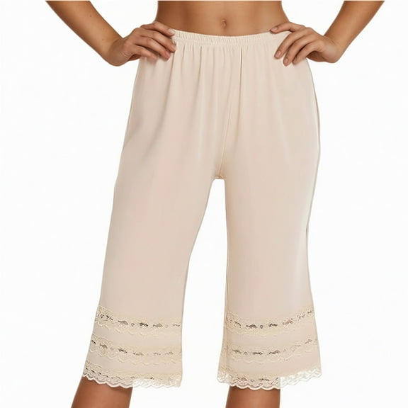 ZHOUCHANKIDS Women's Casual Pants & Capris-Half for Women Bloomers 12-18" Inseam Wide Leg Lace Pajama Petite Pants Beige