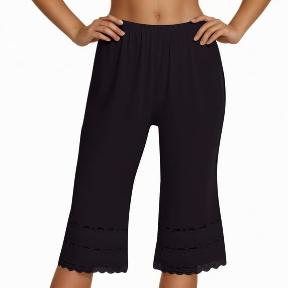 ZHOUCHANKIDS Women's Casual Pants & Capris-Half for Women Bloomers 12-18" Inseam Wide Leg Lace Pajama Petite Pants Black
