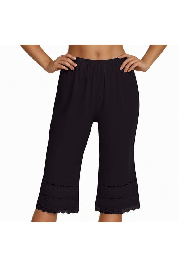 Women's Casual Pants & Capris-Half for Women Bloomers 12-18" Inseam Wide Leg Lace Pajama Petite Pants Black