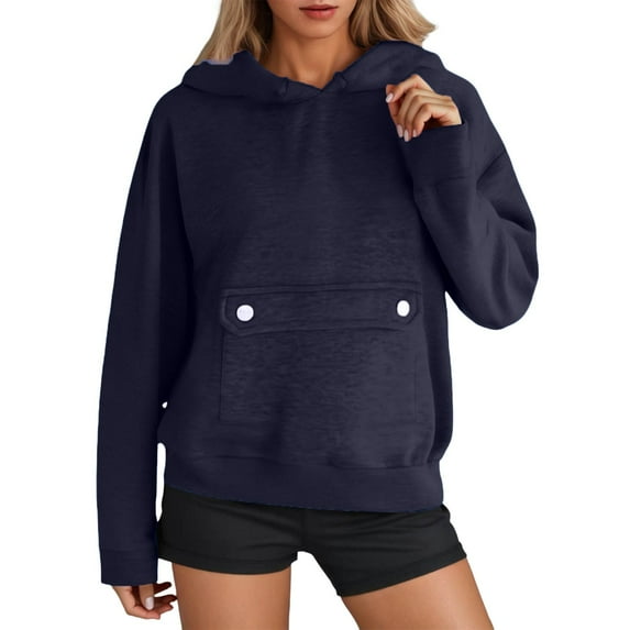 ZHOUCHANKIDS Women's Casual Solid Color Hooded Sweatshirt with Pocket Drawing Comfortable Pullover Hoodie Crop Tops for Everyday Wear Navy