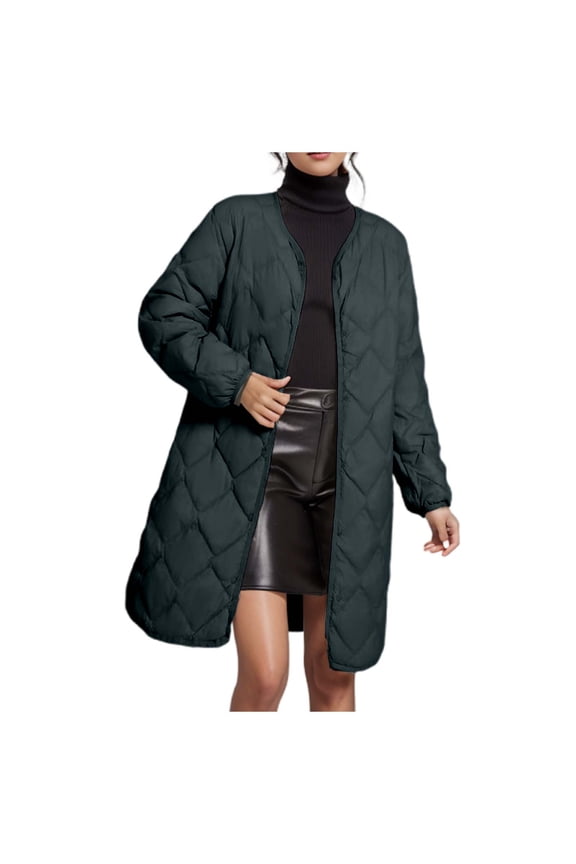 Women's Diamond Quilted Jacket Zipper Up Hooded Long Lightweight Padding Down Coat with Pockets Green L