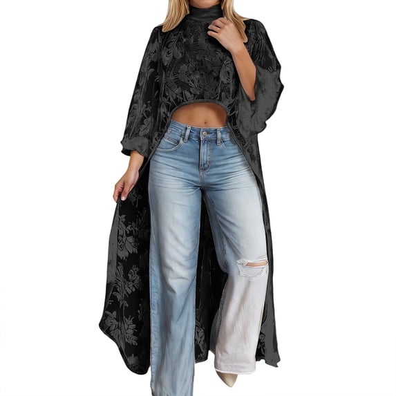 ZHOUCHANKIDS Women's Lace Top Short Front and Long Back Elegant Shirt Long Sleeve Asymmetrical High Low Dress Cover-Up Black M