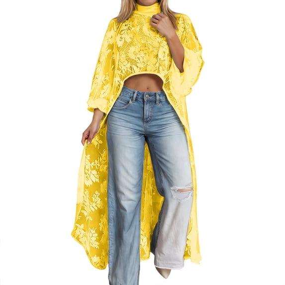 ZHOUCHANKIDS Women's Lace Top Short Front and Long Back Elegant Shirt Long Sleeve Asymmetrical High Low Dress Cover-Up Yellow XXXL