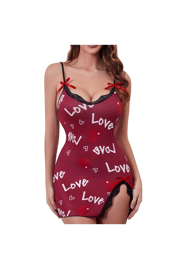 Women's Lace Trim Side Slit Modal Cami Sleep Dress Loungewear Cute Night Gowns for Women Red M