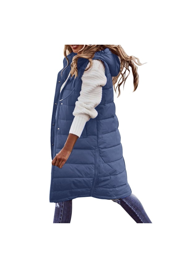 Women's Long Hooded Sleeveless Down Quilted Winter Coat Vest Warm Loose Outerwear With Pockets For Outdoor Activities Blue XXXXXL