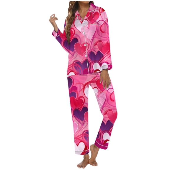 ZHOUCHANKIDS Women's Long Sleeve Pajama Set Soft Comfy Sleepwear Loungewear For Valentine's Day Cozy Home Nightwear Two Piece Outfit Hot Pink S