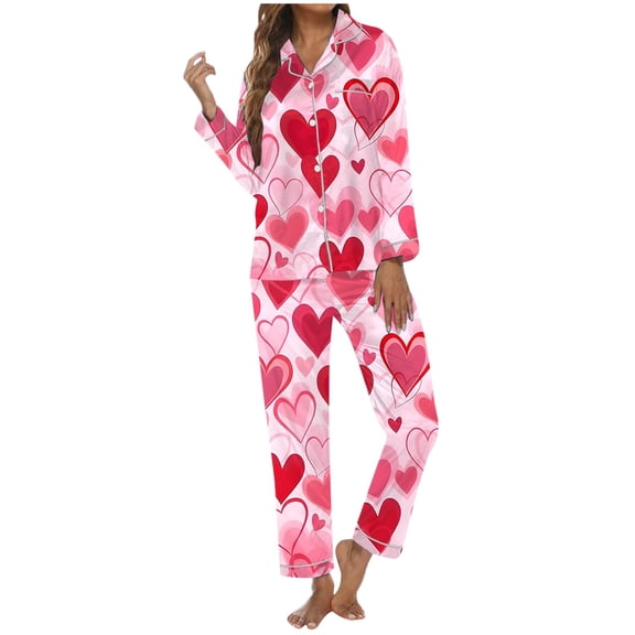 ZHOUCHANKIDS Women's Long Sleeve Pajama Set Soft Comfy Sleepwear Loungewear For Valentine's Day Cozy Home Nightwear Two Piece Outfit Pink XXL
