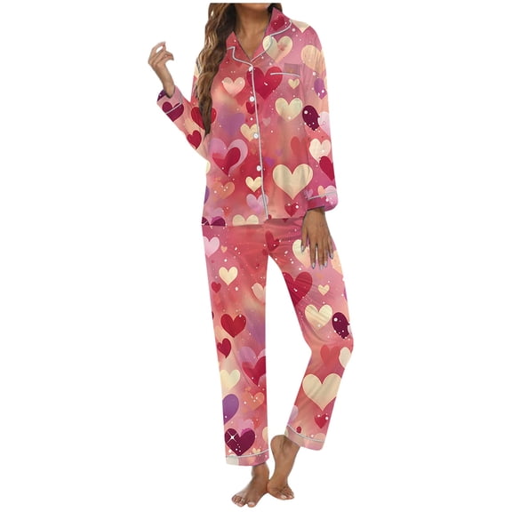 ZHOUCHANKIDS Women's Long Sleeve Pajama Set Soft Comfy Sleepwear Loungewear For Valentine's Day Cozy Home Nightwear Two Piece Outfit Red M