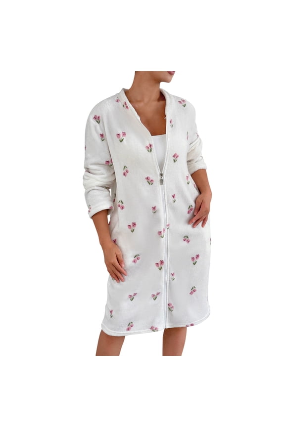 Women's Long Zip Up Robes, Plush Zipper Robes for Plus Size, Housecoats Zipper Front White M