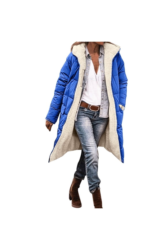 Women's Reversible Jacket Outerwear Cozy Winter Hooded Coat With Pockets For Casual Fashion Blue XL