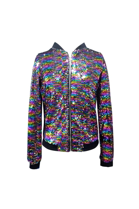 Women's Sequin Jackets Sparkly Glitter Long Sleeve Front Zip Bomber Blazers Party Black S