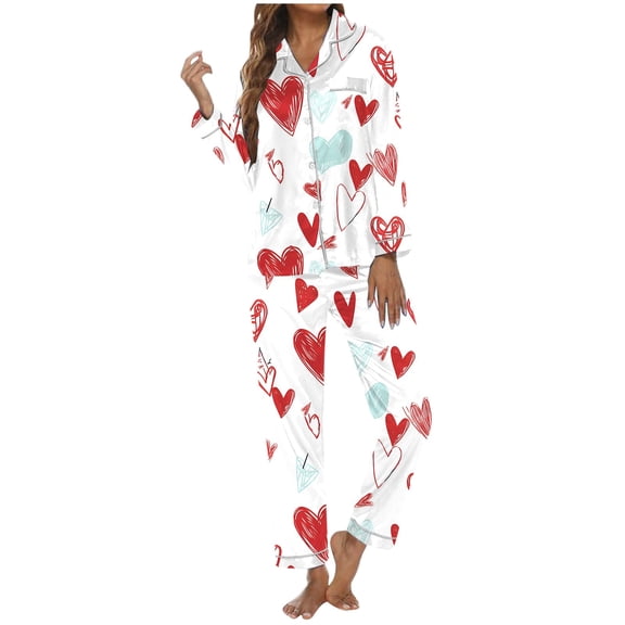 ZHOUCHANKIDS Women's Soft Long Sleeve Pajama Set Cozy Two Piece Sleepwear Loungewear For Valentine's Day And Home Nightwear Outfit White L
