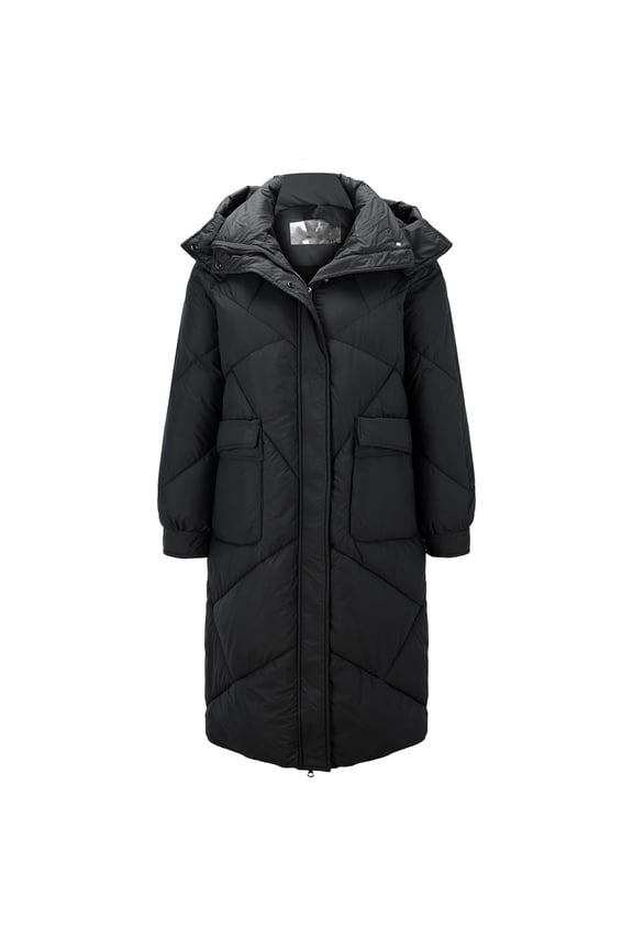 Women’s Thick Long Goose Down Coat Hooded Warm Winter Down Puffer Parka Jacket with Knee-Length Coverage Black XL