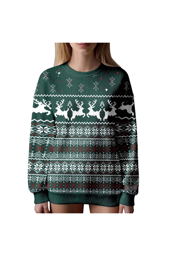 Women's Christmas Sweater, Crew Neck Long Sleeve Soft Warm Winter Snowflake Reindeer Xmas Pullover Tops Green XXL