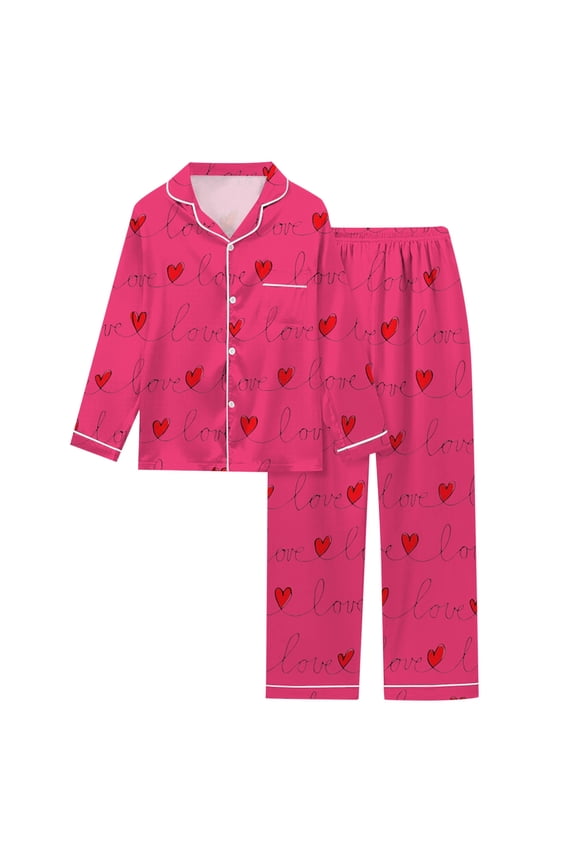 Women's Valentine's Day Heart Print Long Sleeve Cozy Sleepwear Loungewear Set for Nights and Comfort Hot Pink XL