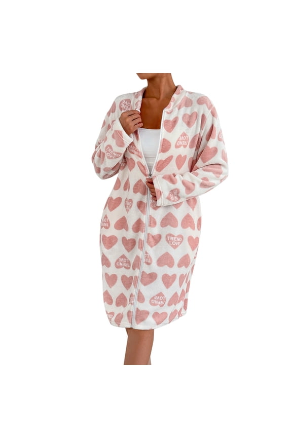 Women's Valentine's Day Long Zip Up Robes Women's Winter Robe Soft Warm Button Front Bathrobe Cozy Loungewear For Home Pink L
