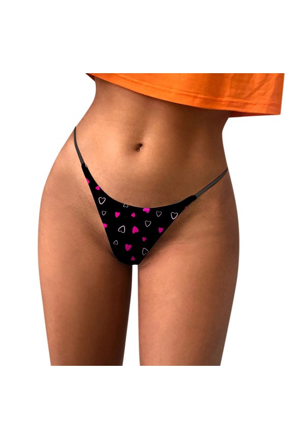 Women's Valentine's Day Printed Thong Panties Breathable Soft Comfortable Underwear for Her Black M