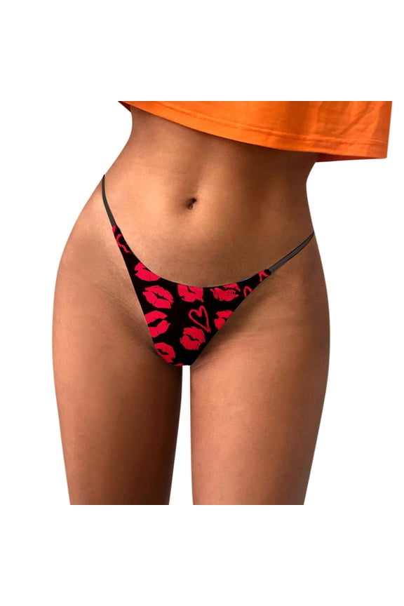 Women's Valentine's Day Printed Thong Panties Breathable Soft Comfortable Underwear for Her Black XXL