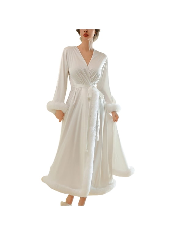 Women's Valentine's Day Robes Feather Robe Chiffon Sheer Long Lingerie Wedding Scarf Illusion Nightgown Bathrobe Bridal Robe White M