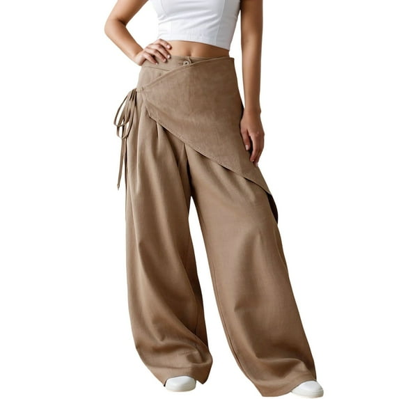 ZHOUCHANKIDS Women's Wide Leg Bow Tie Wrap Casual Pants High Waisted Wide Leg Work Dress Pants Comfortable Flowy Trousers with Pockets for Everyday Wear Khaki