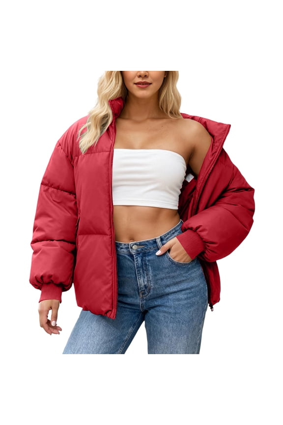 Women's Winter Stand Collar Insulated Down Alternative Filled Jacket Fashionable Warm Outerwear For Casual Street Style Daily Wear Red L