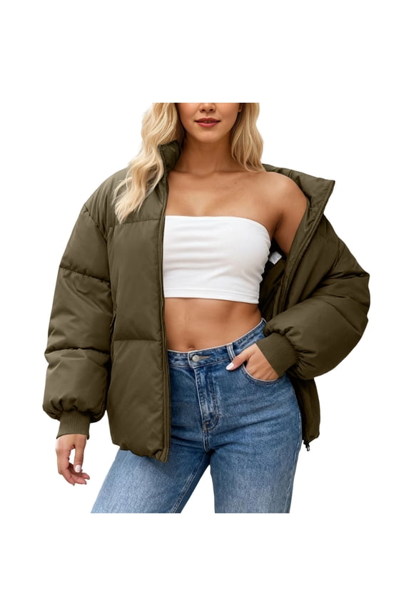 Women's Winter Stand Collar Puffy Down Jacket Warm Cozy Outerwear Coat For Cold Weather Casual Street Style Fashion Army Green XXL