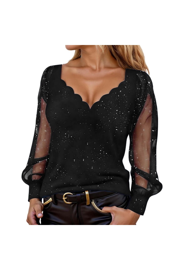 Womens Dressy Blouse Double Layers Mesh Shirt Ruffle 3/4 Flared Sleeve Tunic Tops Black XXXXXXXXL