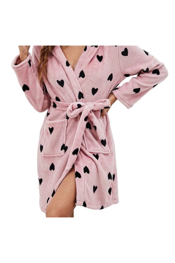 Womens Hooded Robes, Warm Printed Bath Robe for Women Soft Fuzzy Bathrobe for Lady Pink M