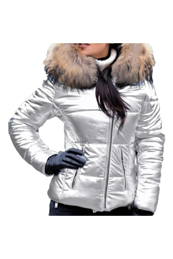 Womens Lightweight Puffer Jacket, Winter Coats for Women Warm Quilted Bubble Padded Hood Coat Silver L