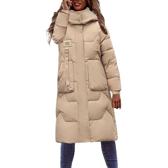 ZHOUCHANKIDS Womens Long Puffer Jacket for Women Hooded Quilted Jacket Padded Warm Winter Thick Coat with Pockets Khaki XL