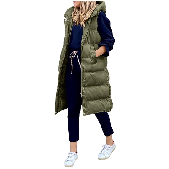 ZHOUCHANKIDS Womens Long Puffer Vest Full-Zip Hooded Sleeveless Down Jacket Coats with Pockets Green S