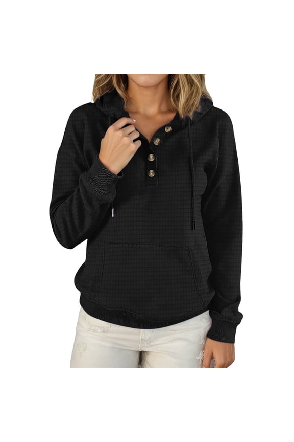 Womens Oversized Hoodie V Neck Button Down Fashion Hoodies 2025 Fall Pullover Hooded Sweatshirt with Pockets Black