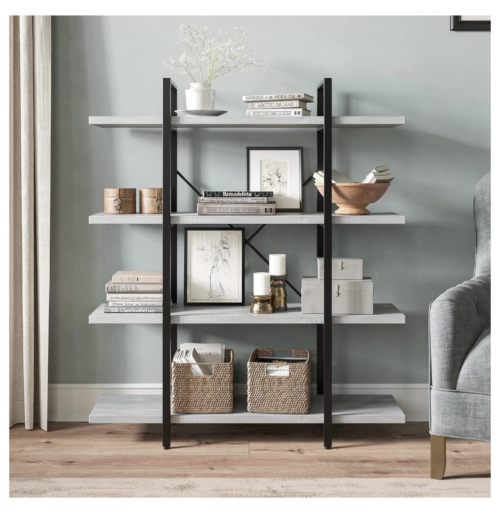 ZHOUJIA 4 Tier Modern Rustic Industrial Bookshelf, Open Wide Office Etagere Book Shelf, Wood and