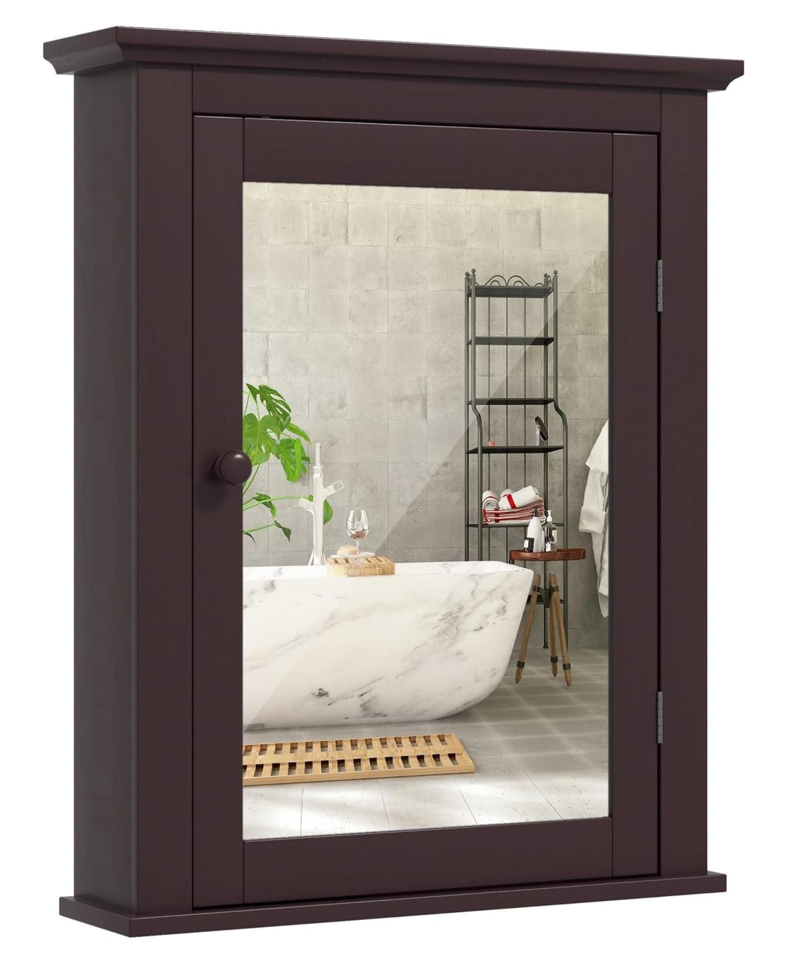 Brown MDF Wall Mounted Bathroom Medicine Cabinet with Mirror