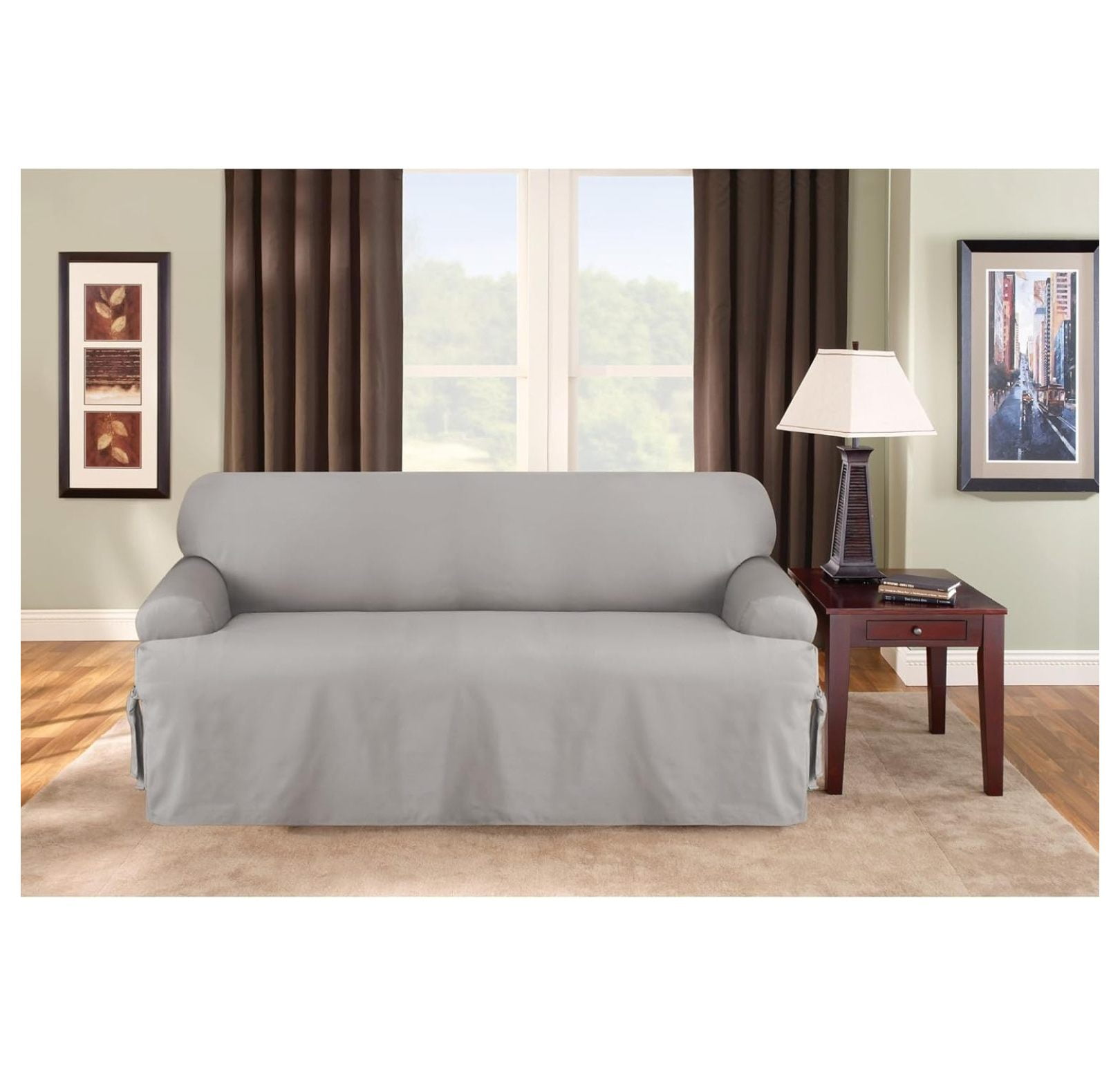 Gray Cotton Duck T-Cushion Sofa Slipcover