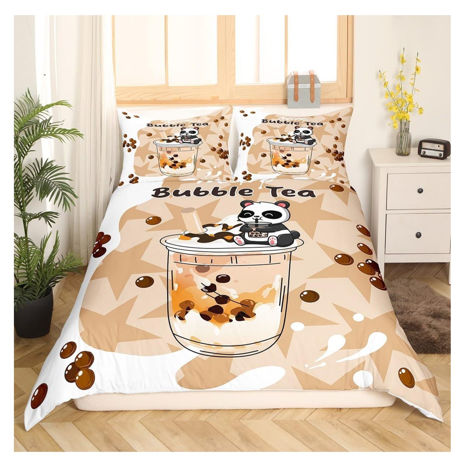 ZHOUJIA Cute Panda Duvet Cover Queen Set,Coffee Bubble Milk Tea Bedding