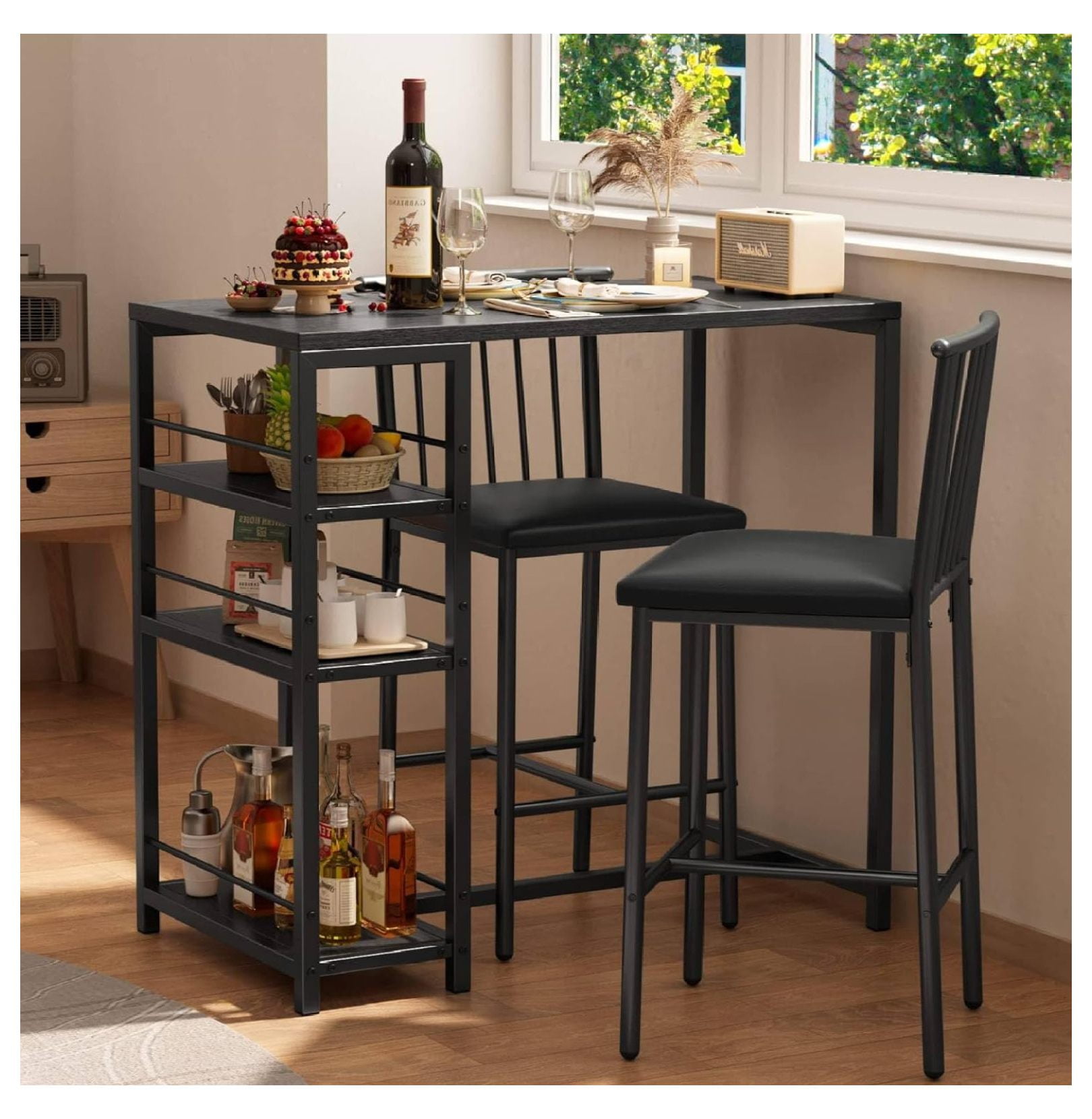 Black Rectangular Pub Table Set with 2 Chairs and Storage Shelves