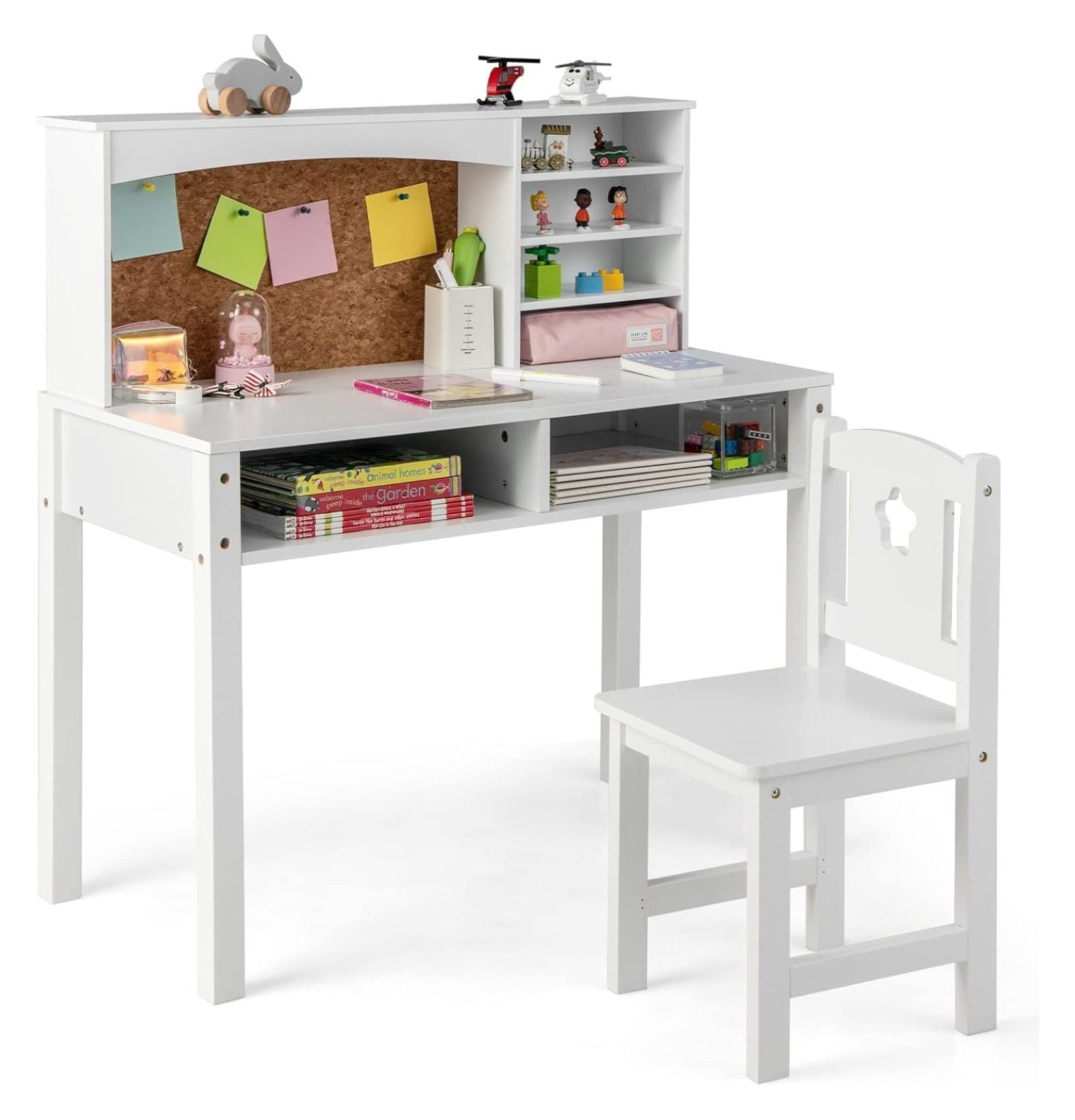 White Wooden Kids Desk and Chair Set with Hutch and Drawer