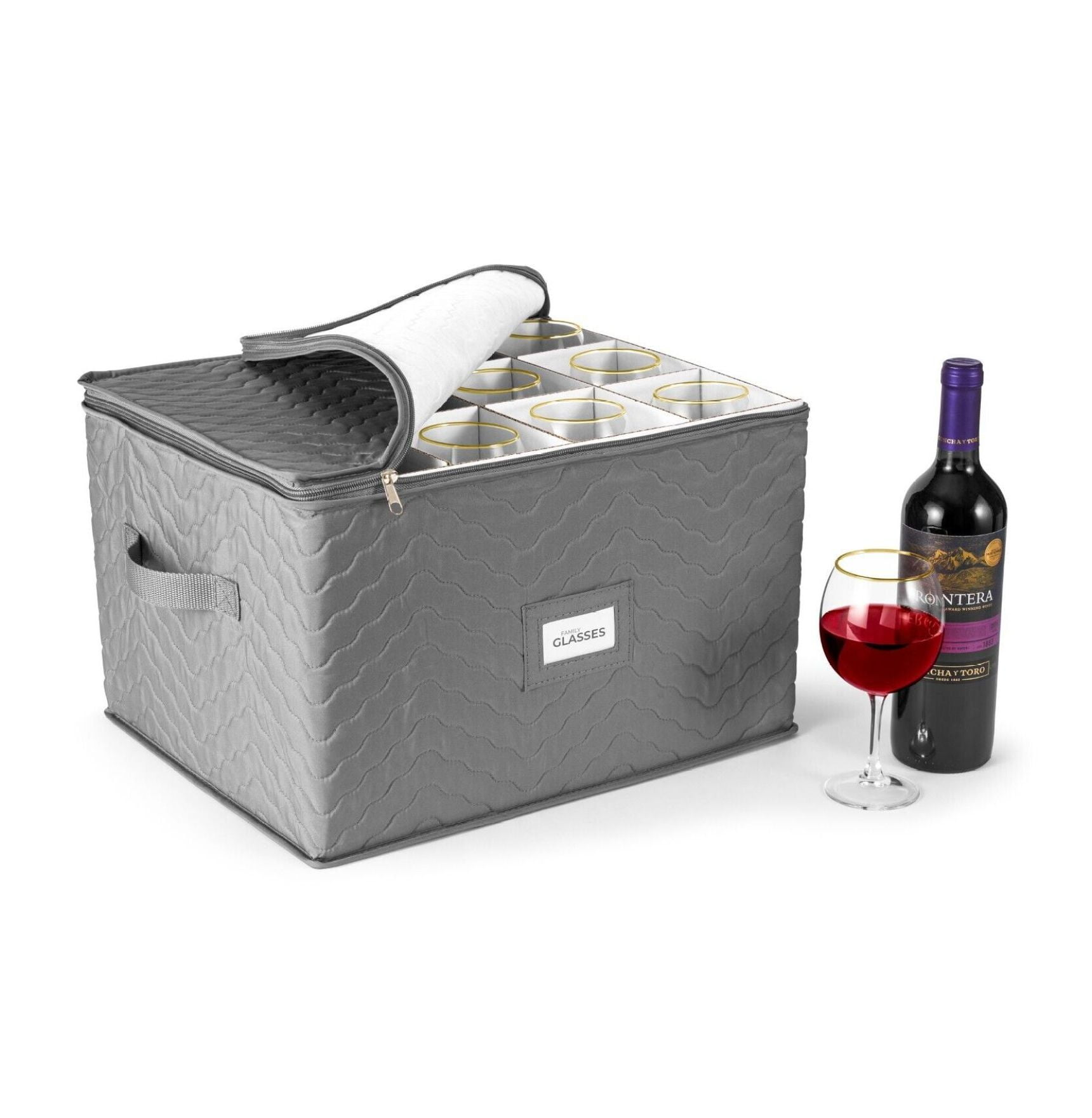 Gray Quilted Fabric Stackable Lidded Glassware Storage Box