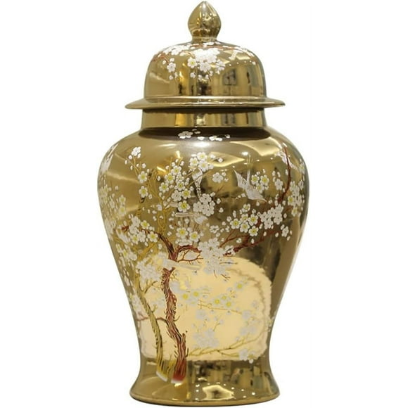 ZHOUXIAO Gold Ginger Jar with Lid,Classical Ceramic Ginger Vase, Decorative Porcelain Flowerpot Jars Temple Jar with Lids,Flower Pattern Flower Vases Decor for Table Centerpi L