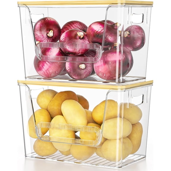 ZHOUYIYI 2 Set Pantry organizers and Storage, kitchen organizers and storage with Bamboo Top, Stackable Kitchen Pantry bin for Onion,Potato,Fruits,Produce,Vegetable