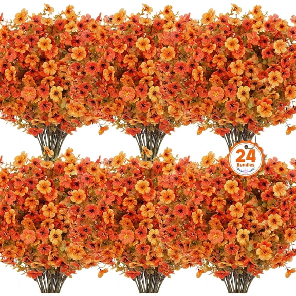 ZHOUYIYI 24 Bundles Artificial Fall Flowers for Outdoors, Fake Mums Silk Flowers UV Resistant Faux Plastic Plants for Garden Porch Farmhouse Autumn Harvest Thanksgiving Home Decor, Orange Yellow