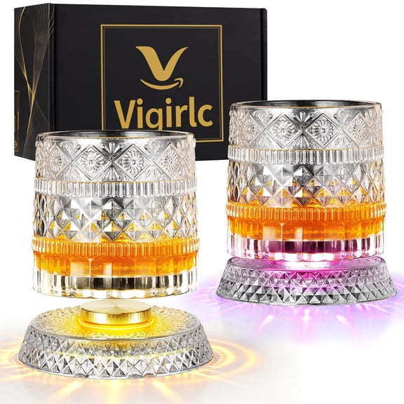 ZHOYIMIMI 360° Spinning Whiskey Glasses Set Of 2, Rotating Crystal Tumblers with 8-Color LED Light Iceball Molds